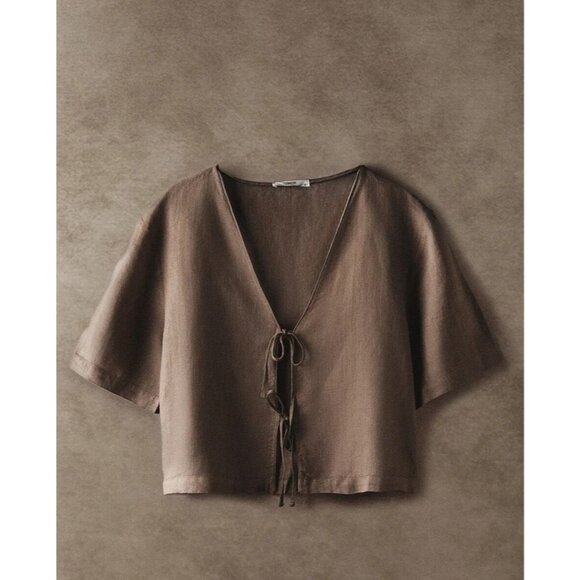 Zara Home Womens Blouse S Small Brown Linen Blend Bow Short Sleeve 4114/579 NWT - Picture 1 of 11